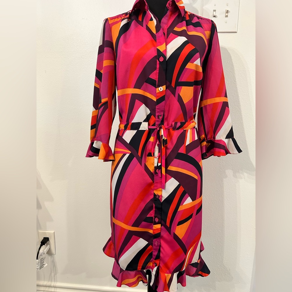 Trina Turk Nat Drawstring Shirt Dress Pink Geometric‎ Print Size XS - Picture 3 of 16